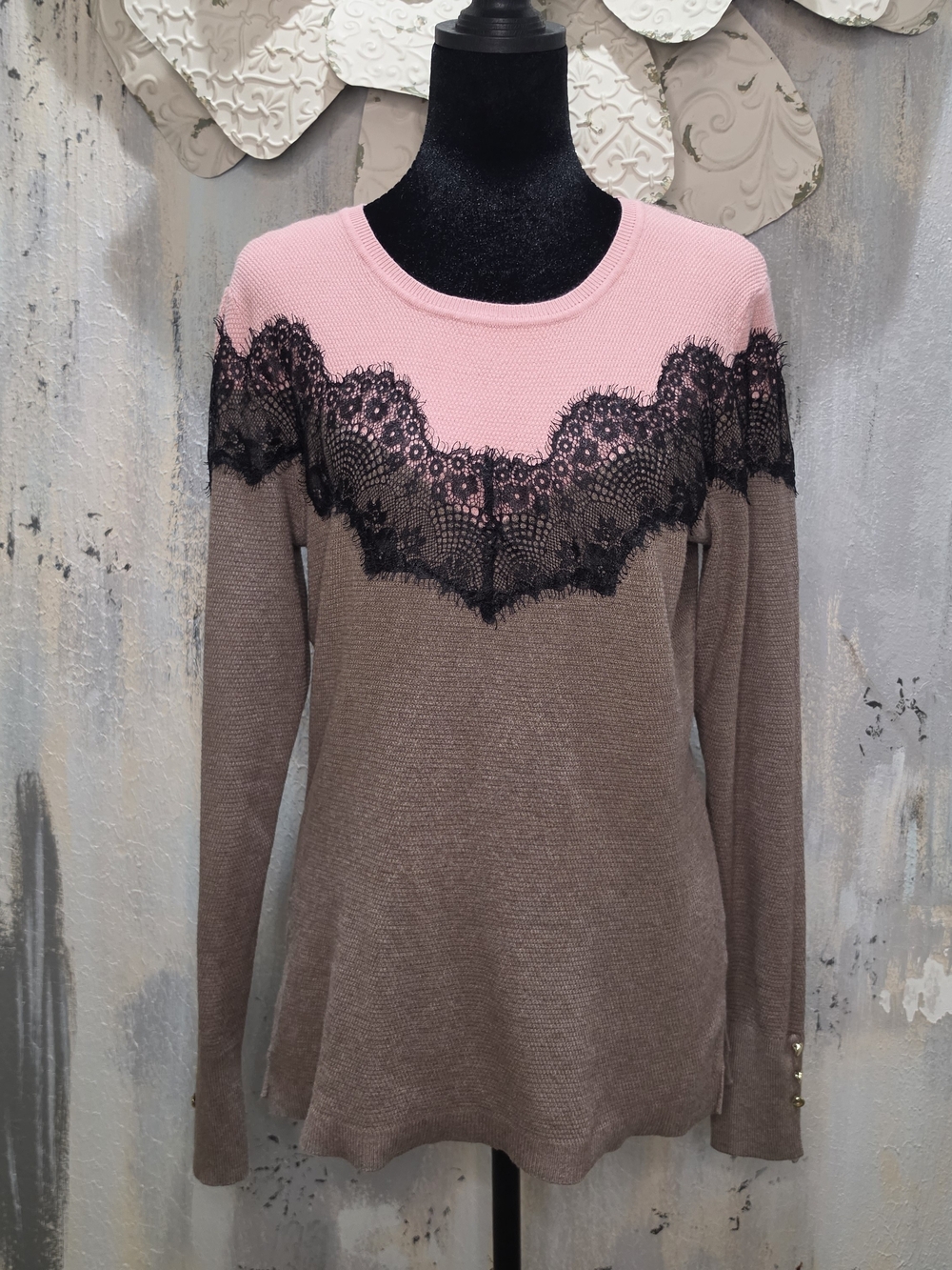 Hannah Pink and Taupe Long Sleeve Top with Black Lace Yoke